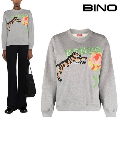 Pixel Tiger Embroidered Logo Cotton Long Sleeve T-Shirt Pearl Grey - KENZO - BALAAN 2