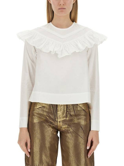 Poplin Frill Cotton Blouse White - GANNI - BALAAN 2