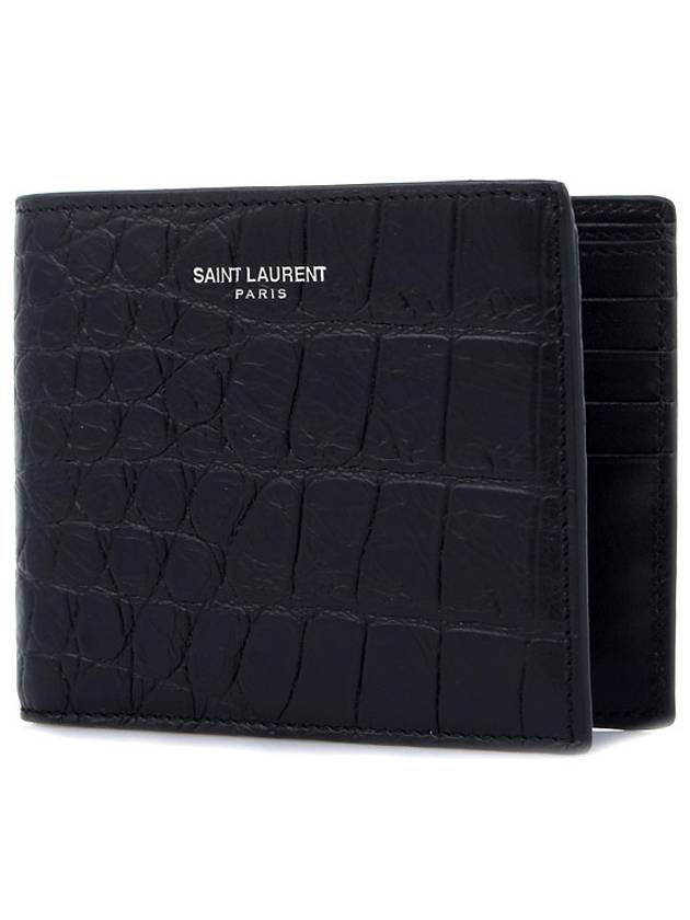 Crocodile Embossed Leather Half Wallet Black - SAINT LAURENT - BALAAN 2