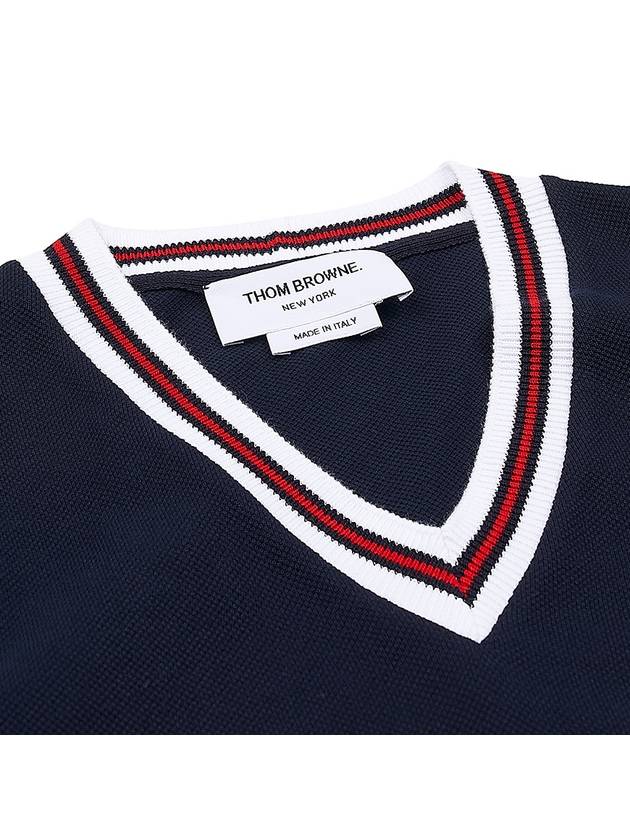 Women's Classic Pique Stripe V-Neck Cotton Tennis Dress Navy - THOM BROWNE - BALAAN 8