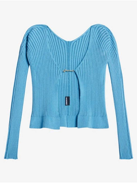 La Maille Pralu Longue Micro Charm Logo Cardigan Light Blue - JACQUEMUS - BALAAN 2