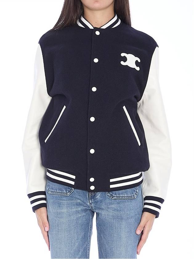 Navy Wool Triomphe Patch Teddy Varsity Jacket 2V29V896C 07MR - CELINE - BALAAN 6