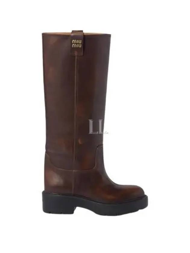 Logo Fume Leather Middle Boots Brown - MIU MIU - BALAAN 2