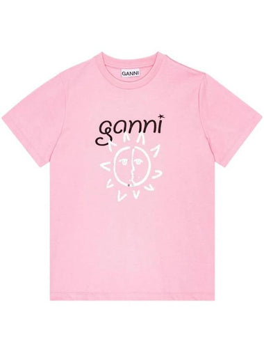 Logo Print Organic Cotton Short Sleeve T-Shirt Pink - GANNI - BALAAN 1