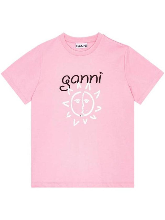 Logo Print Organic Cotton Short Sleeve T-Shirt Pink - GANNI - BALAAN 1