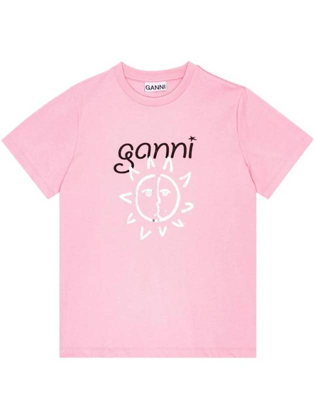 Logo Print Organic Cotton Short Sleeve T-Shirt Pink - GANNI - BALAAN 1