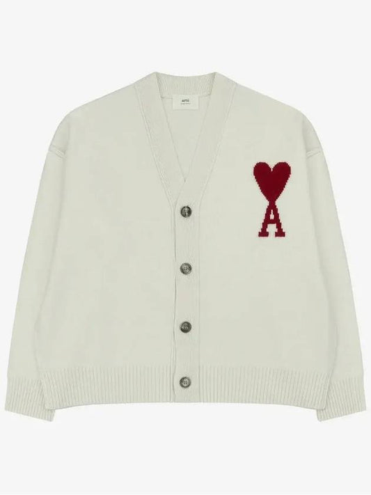 Heart Logo V Neck Wool Cardigan Off White - AMI - BALAAN 2