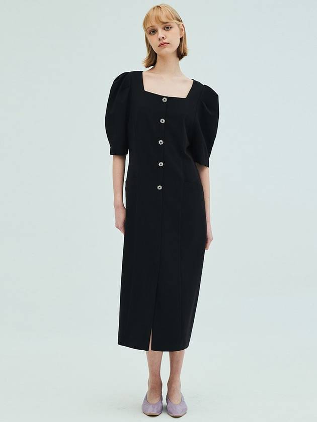 Linen Square Neck Flower Button DressBlack - OPENING SUNSHINE - BALAAN 4