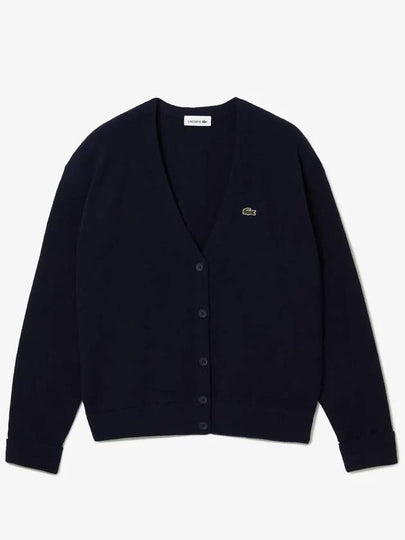 Relaxed Fit V-Neck Wool Cardigan Navy - LACOSTE - BALAAN 2