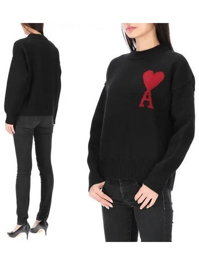 Intarsia Big Heart Logo Wool Knit Top Black - AMI - BALAAN 2