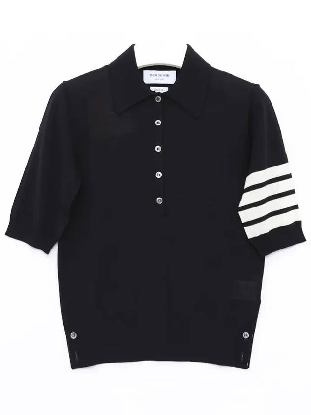 Women's Diagonal Striped Relaxed Fit Wool Polo Shirt Navy - THOM BROWNE - BALAAN 3