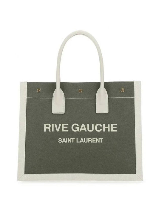 Rive Gauche Logo Linen Small Tote Bag Military Green - SAINT LAURENT - BALAAN 1