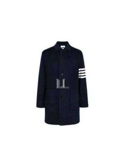 Cotton Cashmere Interlock 4-Bar Polo Collar Overcoat Navy - THOM BROWNE - BALAAN 2