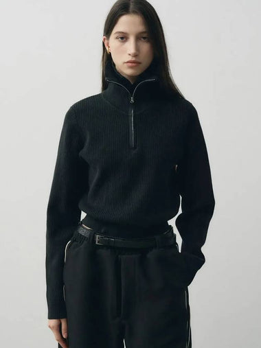 Cropped Layered Zip Up Polo Knit Black - NOIRER FOR WOMEN - BALAAN 1