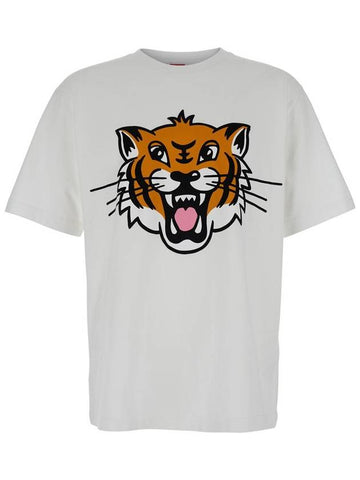 White T-Shirt With Happy Tiger Print On The Front In Cotton Man - KENZO - BALAAN 1