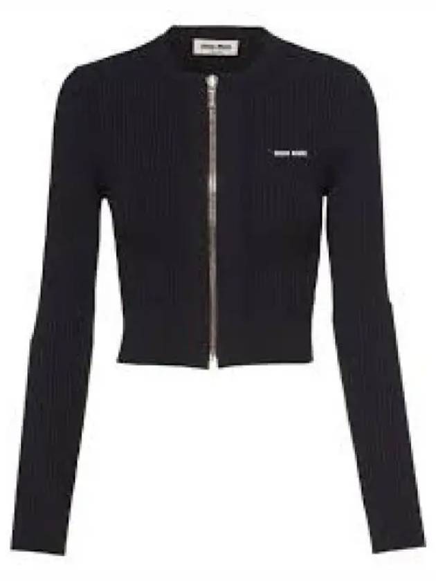 Logo Patch Rib High Neck Zip-Up Wool Cardigan Black - MIU MIU - BALAAN 2