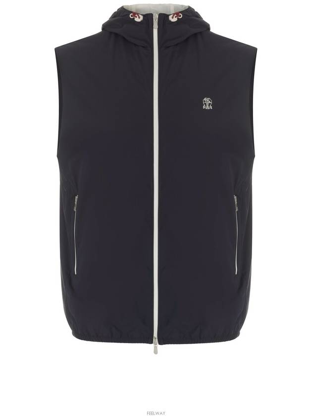 Drawstring Hood Zipped Vest Navy - BRUNELLO CUCINELLI - BALAAN 3