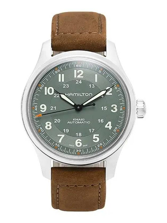 Men's Khaki Field Titanium Auto Leather Watch Green - HAMILTON - BALAAN 2