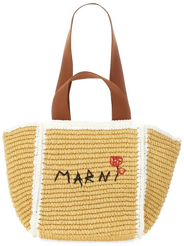 Embroidered Logo Woven Tote Bag Beige - MARNI - BALAAN 4