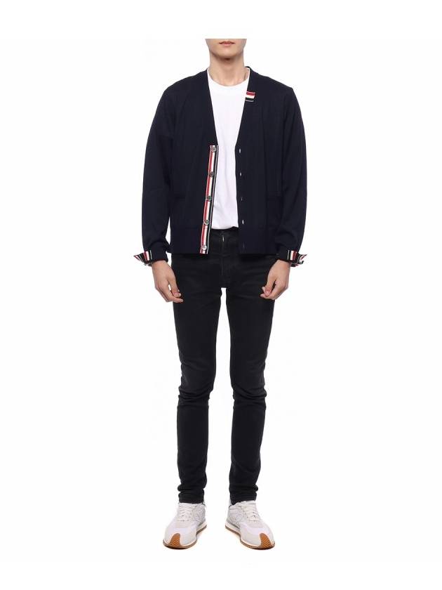 Men's Jersey Stitch V-Neck Cardigan Navy - THOM BROWNE - BALAAN 4