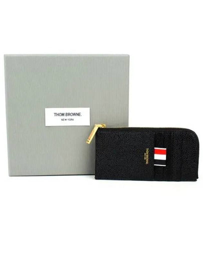 Stripe Zip Around Pebble Grain Leather Card Wallet Black - THOM BROWNE - BALAAN 2