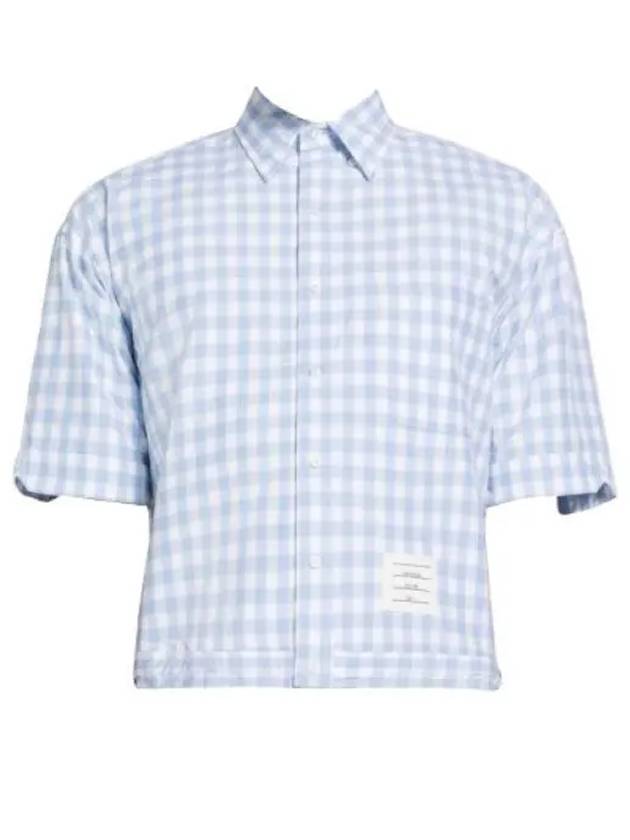 Gingham Poplin Drawstring Hem Short Sleeve Shirt Light Blue - THOM BROWNE - BALAAN 2