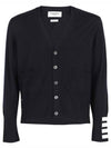 Men's Fine Merino Wool 4 Bar Cuff V-Neck Cardigan Navy - THOM BROWNE - BALAAN 2