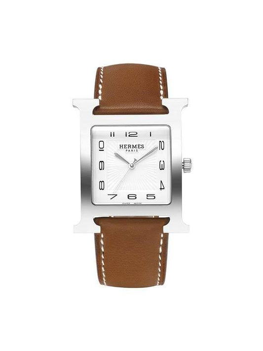 Large H Hour Brown Leather Watch White Silver - HERMES - BALAAN.