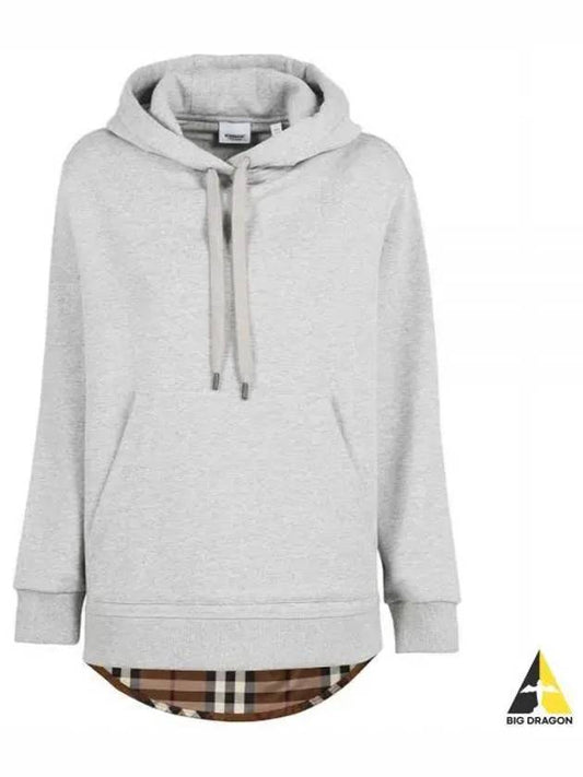 Check Panel Cotton Oversized Hooded Top Melange Gray - BURBERRY - BALAAN.