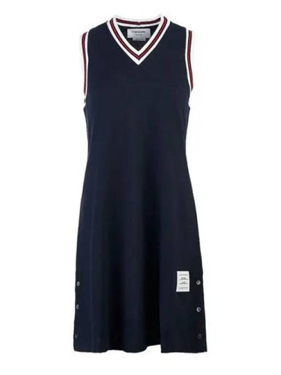 Women's Classic Pique Stripe V-Neck Cotton Tennis Dress Navy - THOM BROWNE - BALAAN 2