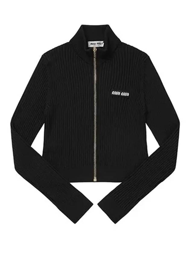 Logo Patch Rib High Neck Zip-Up Wool Cardigan Black - MIU MIU - BALAAN 6