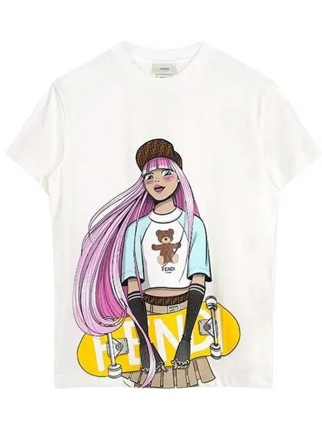 Kids Girls Skateboarder Print Short Sleeve T-Shirt White - FENDI - BALAAN 2