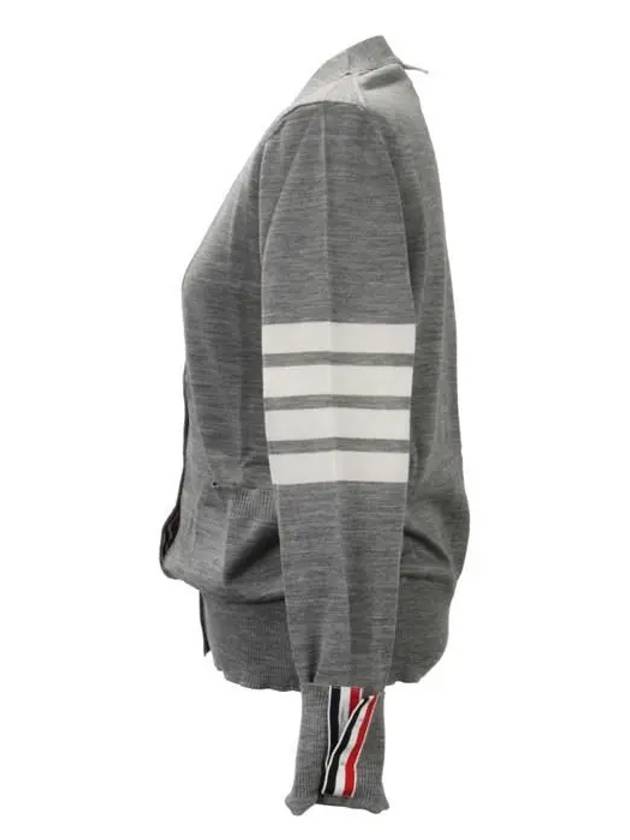 Sustainable Fine Merino Wool 4-Bar Relaxed Fit V-Neck Cardigan Light Grey - THOM BROWNE - BALAAN 3