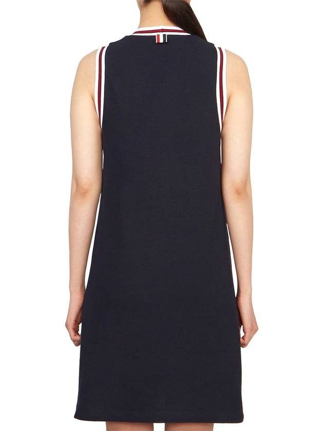 Women's Classic Pique Stripe V-Neck Cotton Tennis Dress Navy - THOM BROWNE - BALAAN 4