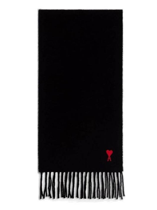 Small Heart Logo Classic Wool Fringe Scarf Black - AMI - BALAAN.