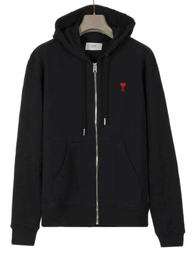 Heart Logo Drawstring Cotton Zip-Up Hoodie Black - AMI - BALAAN 2