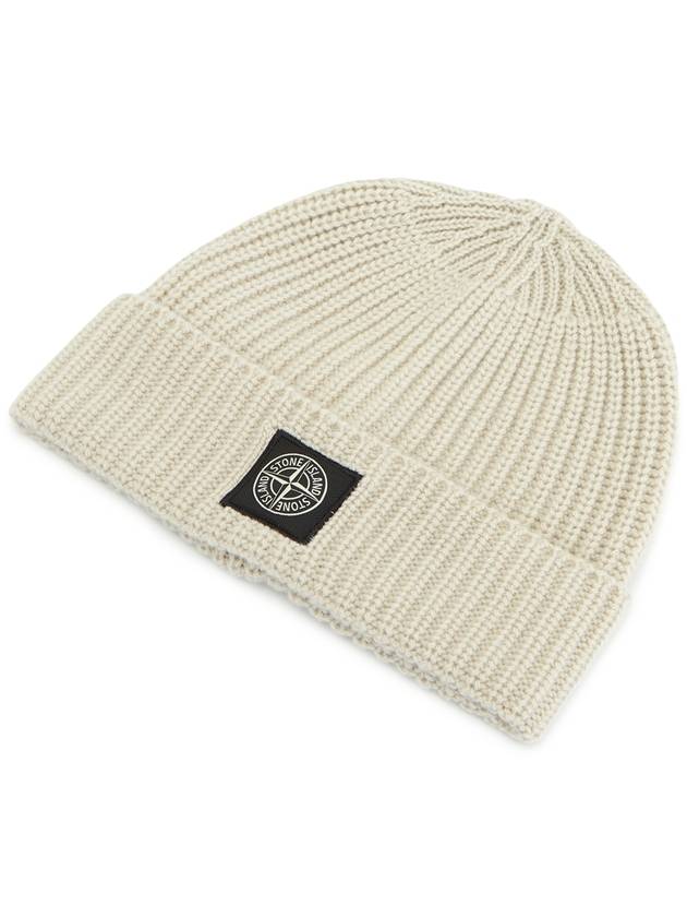 Logo Patch Rib Wool Beanie Beige - STONE ISLAND - BALAAN 4