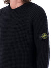 Knotted Ribbed Stitch Pure Wool Crewneck Knit Top Black - STONE ISLAND - BALAAN 3