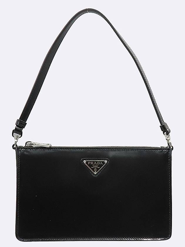 Prada 1BC155 Black Brushed Leather Silver Triangular Logo Mini Shoulder Bag - PRADA - BALAAN 2