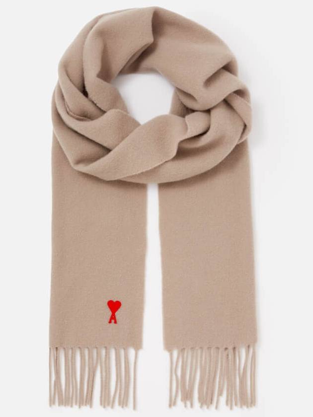 Small Heart Logo Classic Wool Fringe Scarf Beige - AMI - BALAAN 5