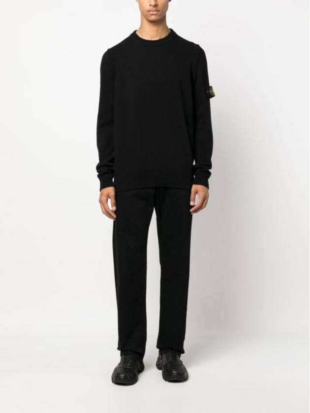 Logo Patch Crew Neck Wool Knit Top Black - STONE ISLAND - BALAAN 3