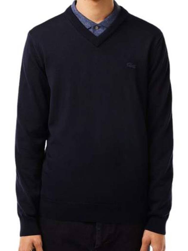 Logo Patch V-neck Merino Wool Knit Top Navy - LACOSTE - BALAAN 3