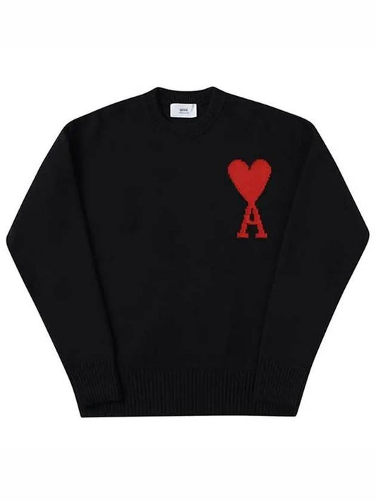 Intarsia Big Heart Logo Wool Knit Top Black - AMI - BALAAN 2