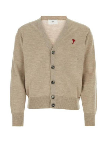 Red Heart Logo Merino Wool Cardigan Beige - AMI - BALAAN 1