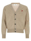 Red Heart Logo Merino Wool Cardigan Beige - AMI - BALAAN 1