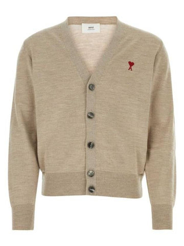 Red Heart Logo Merino Wool Cardigan Beige - AMI - BALAAN 1