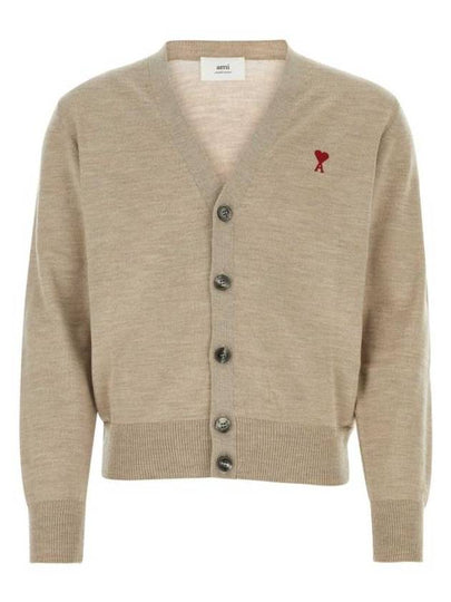 Red Heart Logo Merino Wool Cardigan Beige - AMI - BALAAN 2