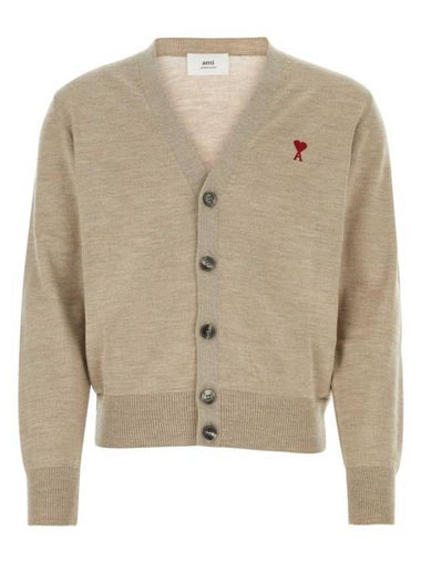 Red Heart Logo Merino Wool Cardigan Beige - AMI - BALAAN 1