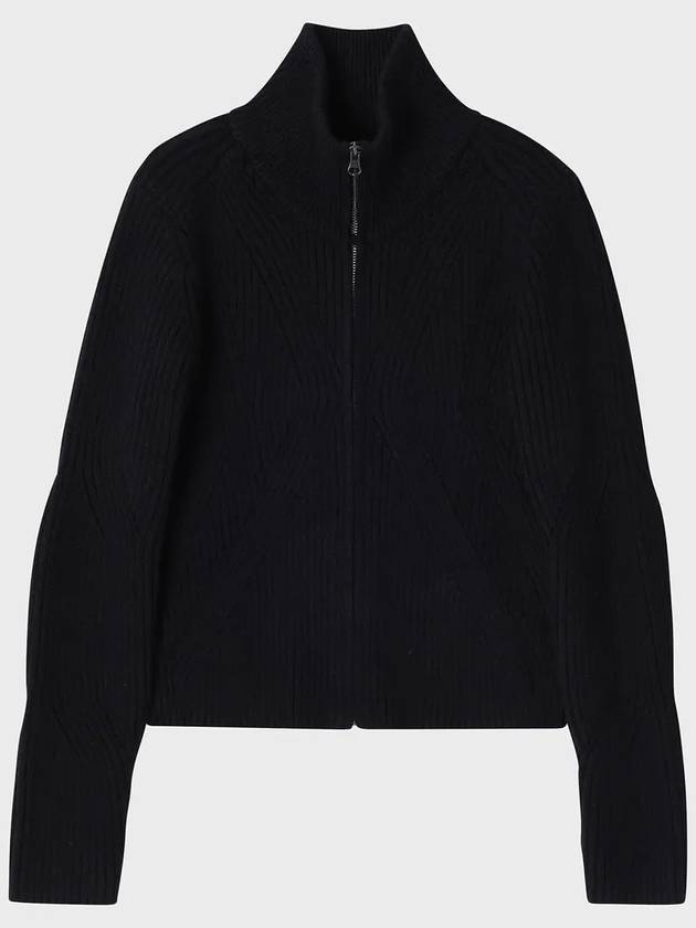 Wool Ribbed High Neck Zip-Up Cardigan Black - NOIRER FOR WOMEN - BALAAN 3