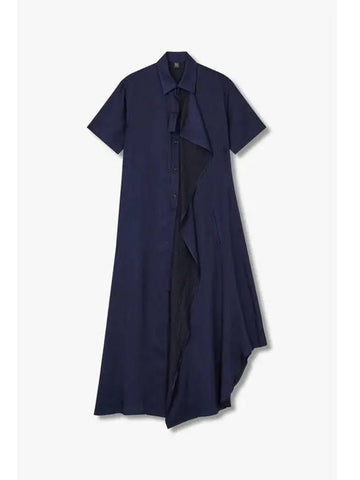 Yohji Yamamoto Y s Front Ruffle Rayon Shirt Dress Indigo - YOHJI YAMAMOTO - BALAAN 1